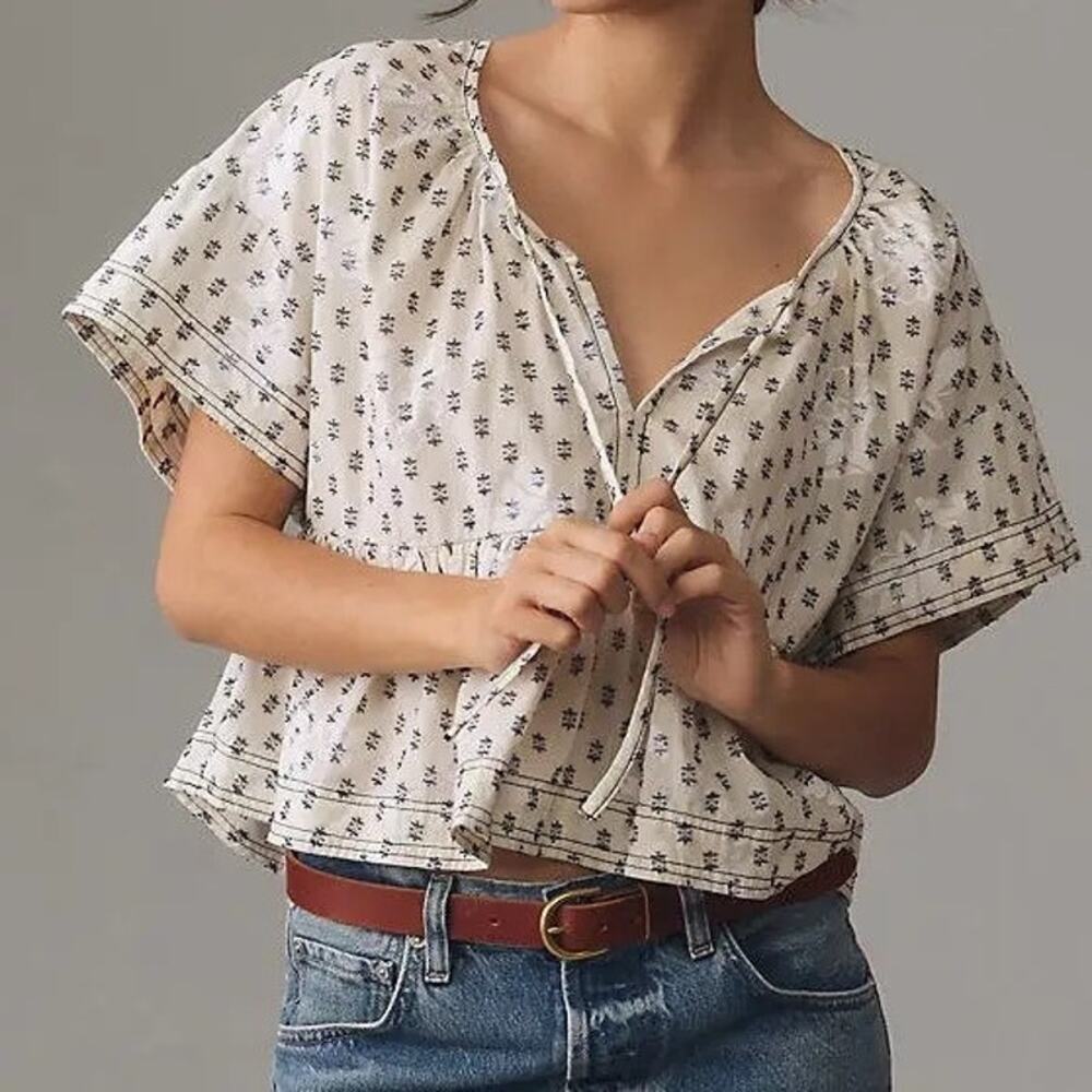 Anthropologie Pilcro (XL) Tavi Clip Dot Tie Neck Blouse Ivory Black Boho Cottage
